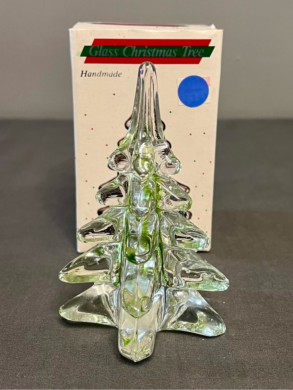 VTG Action Industries Crystal Christmas Tree Green Ribbon Swirl Glass 5.25”